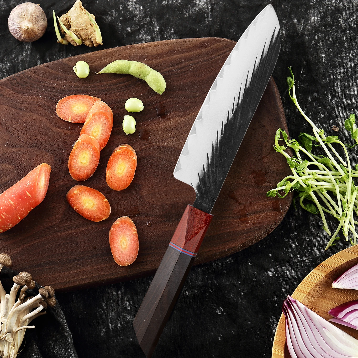 XITUO Handmade Santoku Knife ultra-sharp 7 Inch Japanese Handle Kitchen Slicing Knife Three-layer clad steel Black Sandalwood