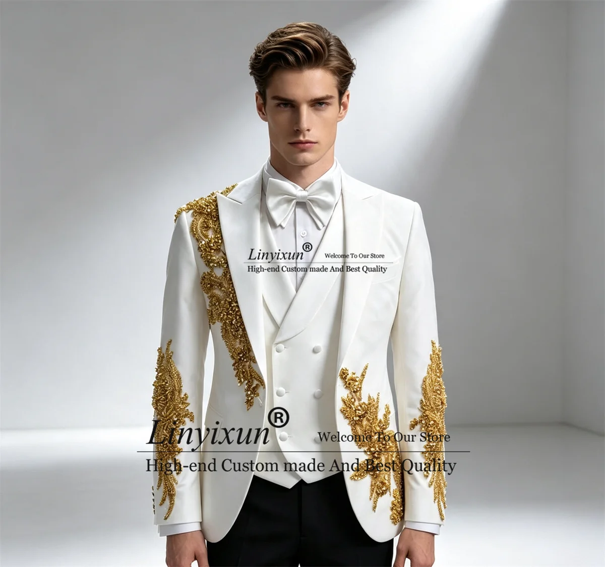 Customized Jewelry Appliques Men Suit 3 Pieces Set Wedding Party ropa hombre Glitter Beads Diamond Groom Party Male Prom Blazers