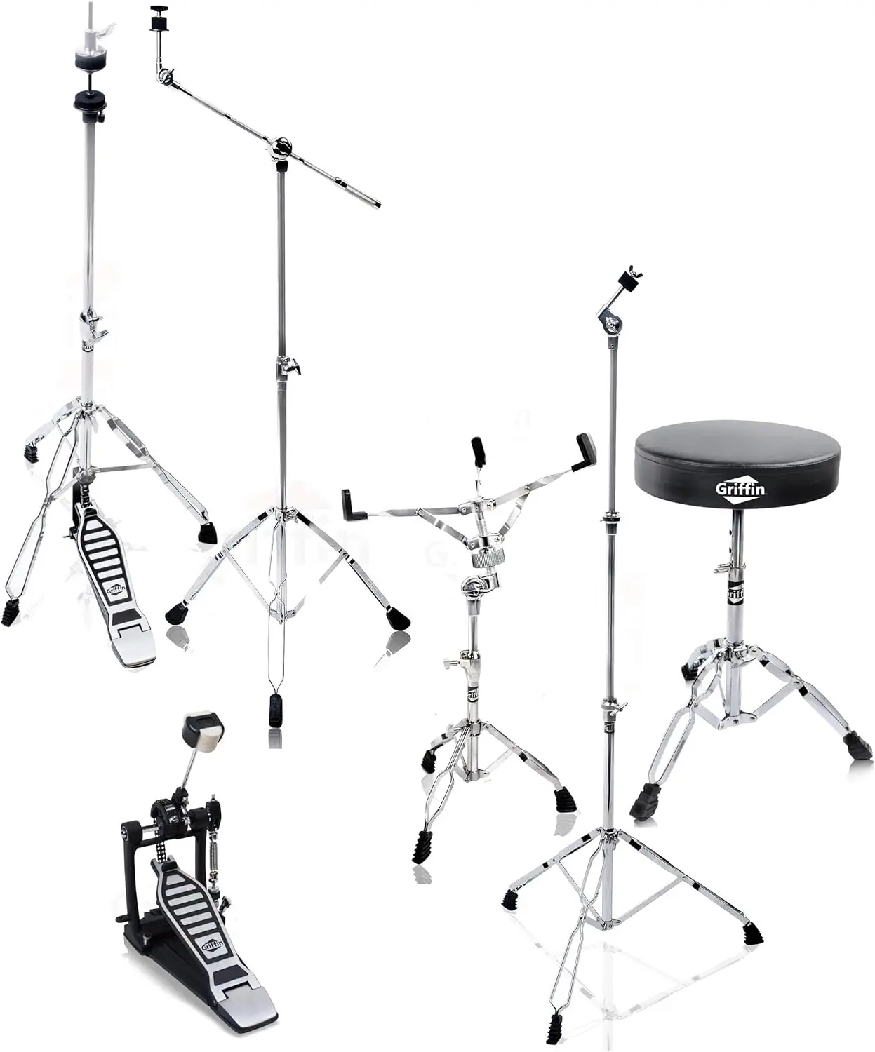 Complete Drum Hardware Pack 6 Piece Set Full Size Percussion Stand Kit with Snare, Hi-Hat, Cymbal Boom, Throne Stool & Single Ki