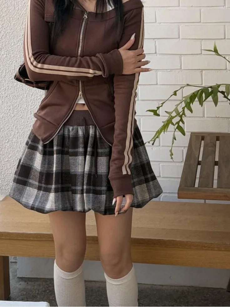 Retro Autumn Winter Plaid Pumpkin Short Skirt Fleece Elastic Waist Half Body Skirt Korean Style Regular Fit Online Exclusive