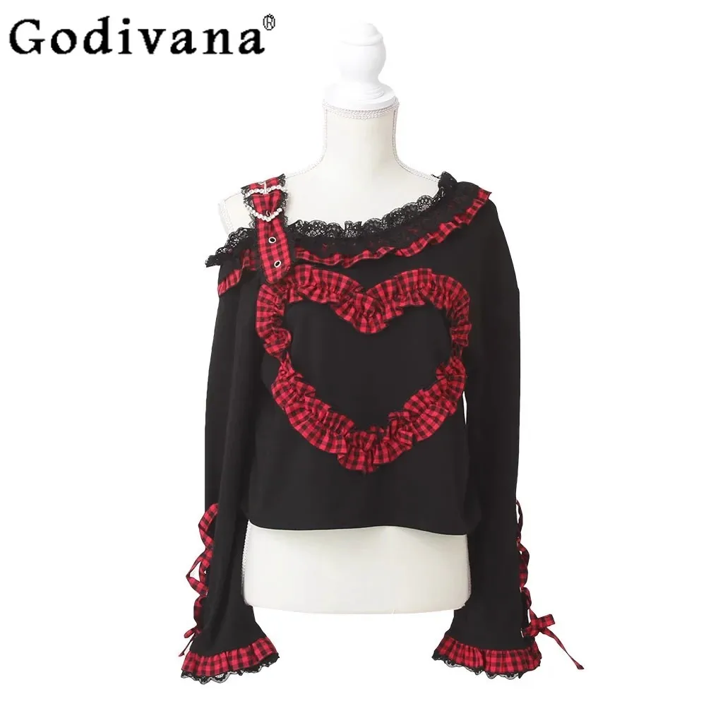 

Japanese Sweet Off-Shoulder Long Sleeve Top Autumn New 2025 Girl's Women's Loose Slimming Casual T-Shirt Women's Daily Tees