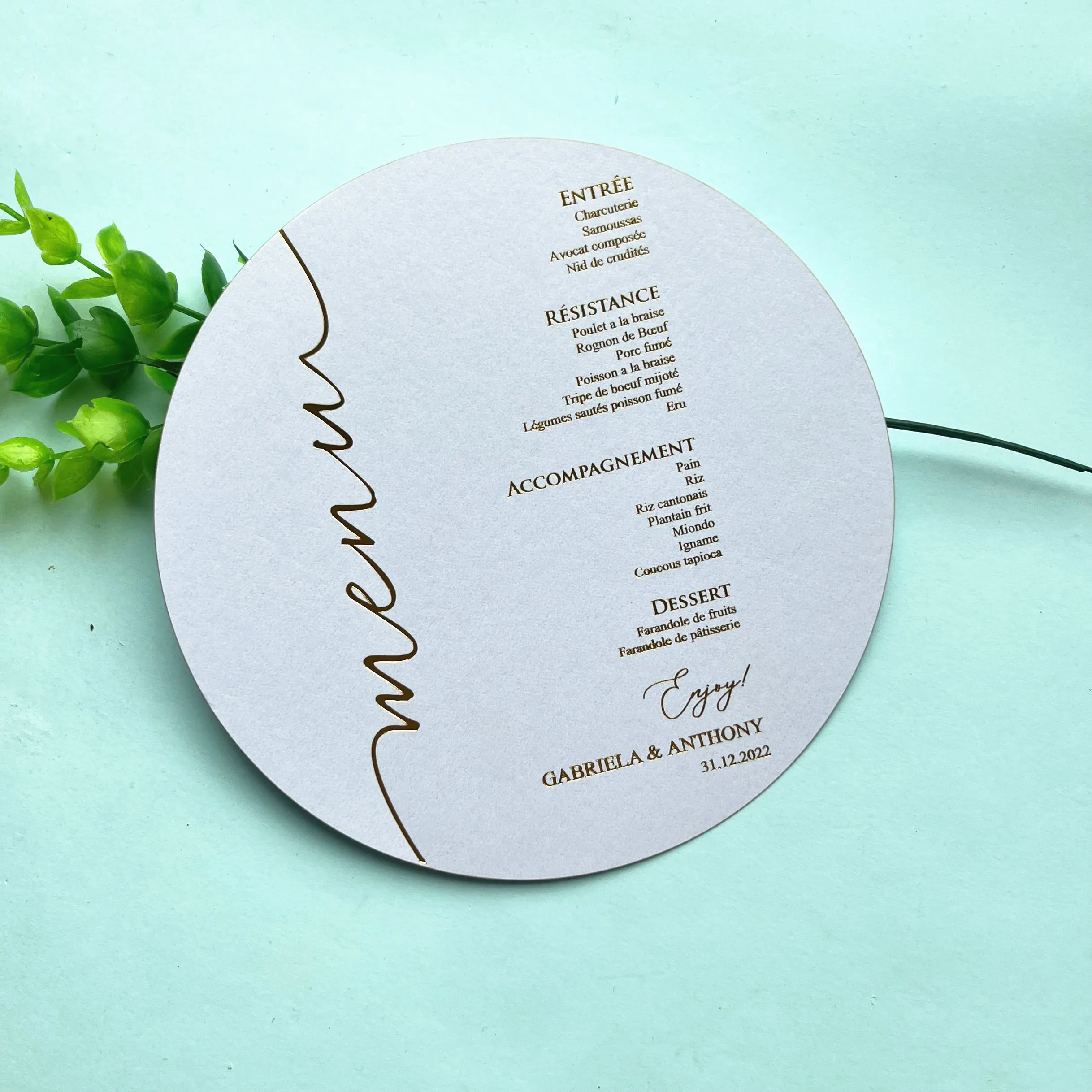 100pcs White Paper Wedding Party Table Decoration Menu Cards Hot Stamping Foil Gold Silver Words Custom Round Shape Cards