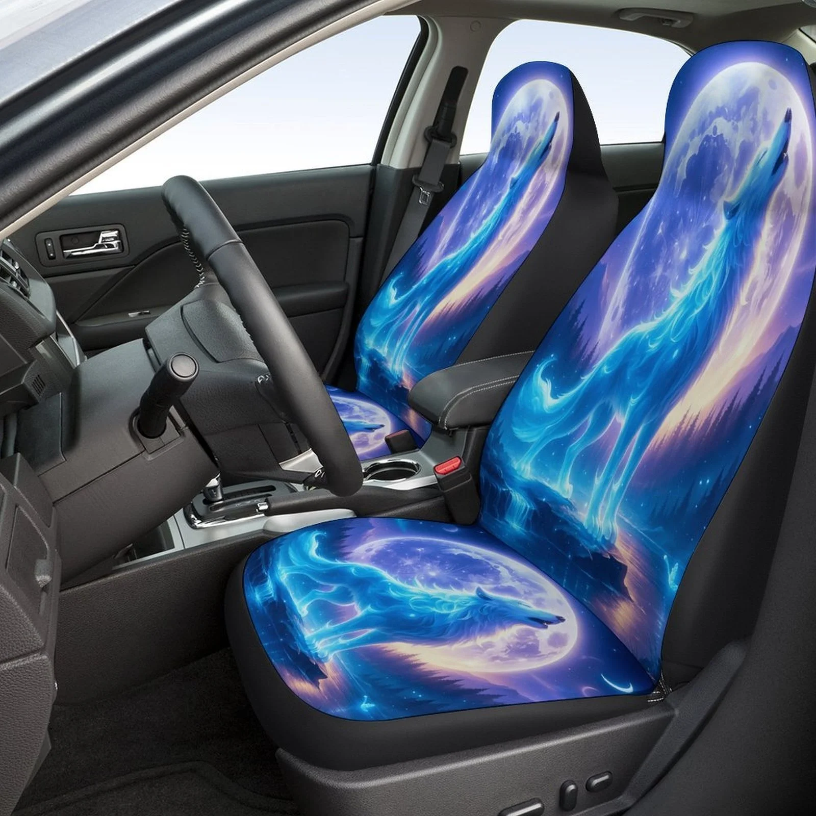 Moonlit Wolf Designed Car Seat Cover Set For Most Cars, Trendy Novelty High-quality Car Seat Protector Covers Full Set, Universa