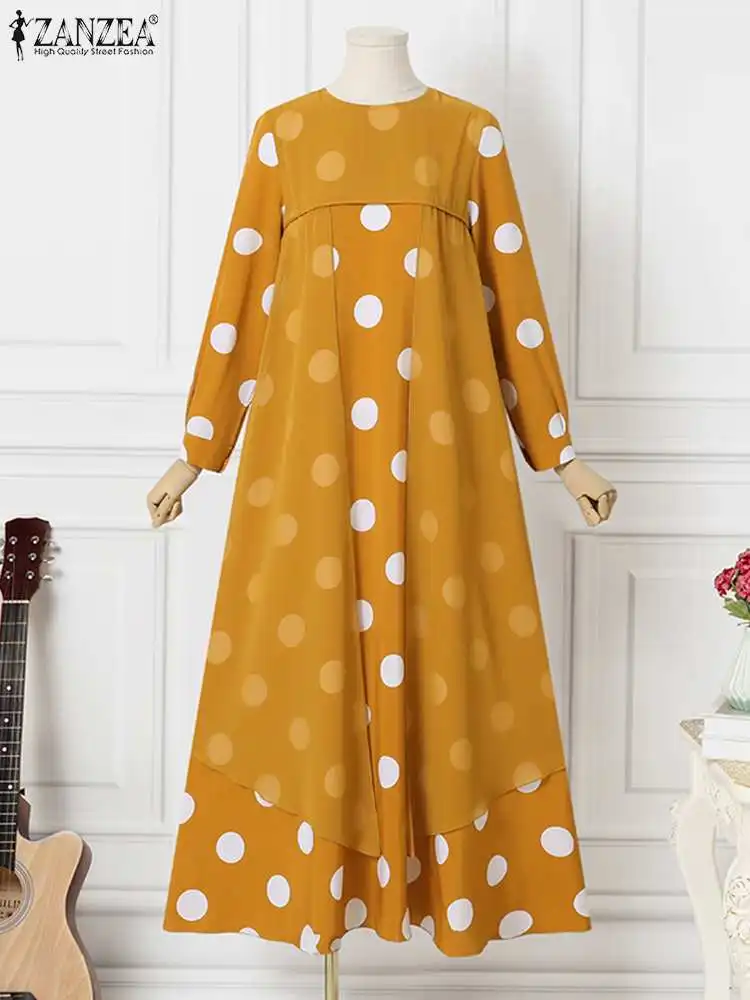 Elegant O-Neck Long Sleeve Muslim Sundress ZANZEA Women Polka Dots Printed Dress Casual Loose Robe Femme Turkey Abaya Vestidos