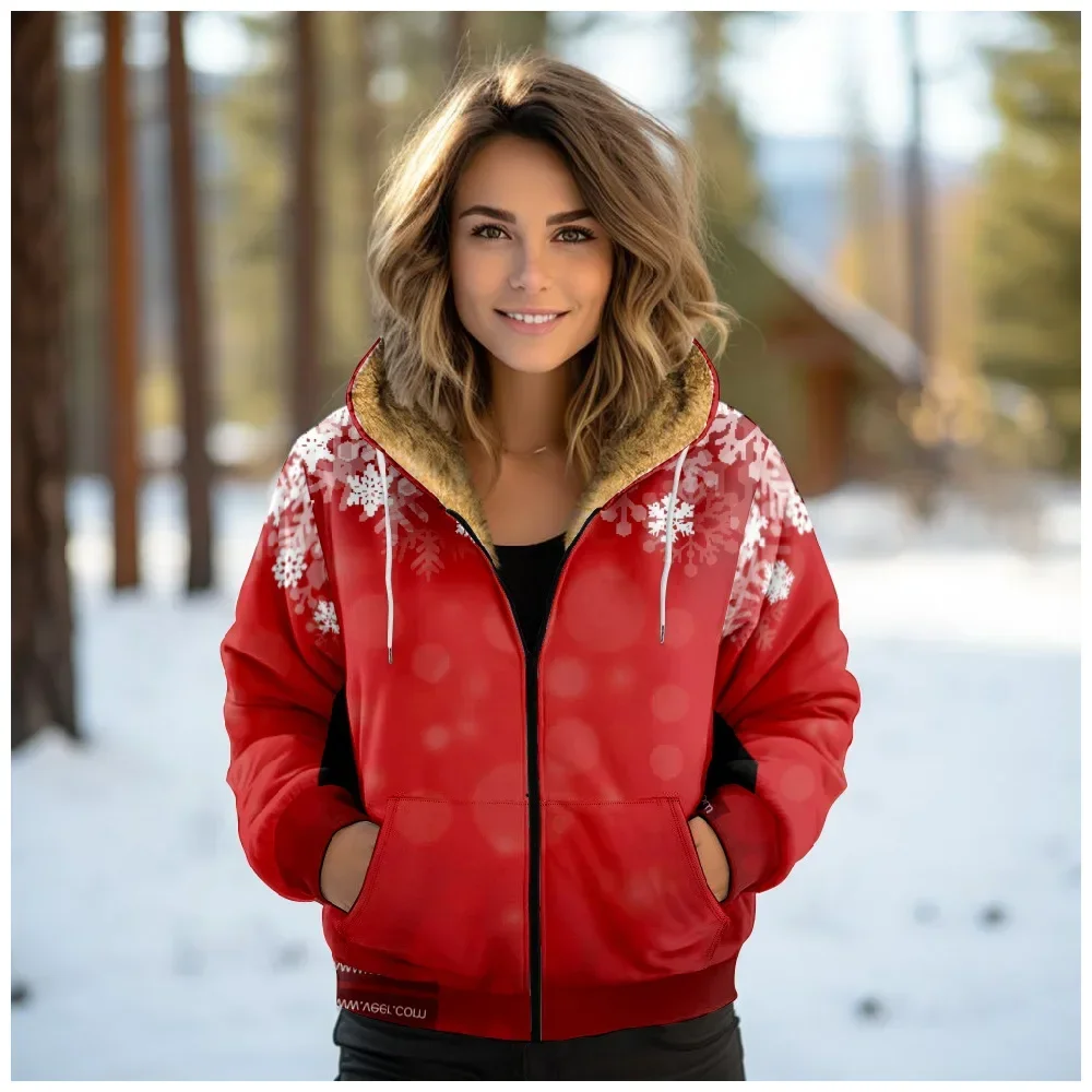 Women Christmas Snowflakes Grid Graphics Coats Jackets Cardigans Printed Plush Thick Winter Casual Streetwear Female Clothing