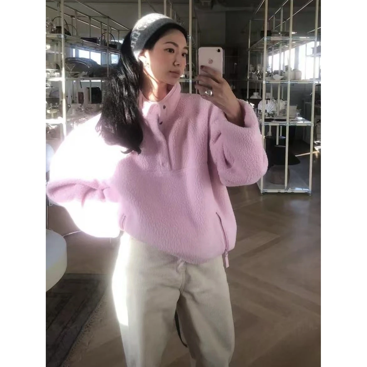 

Теплая флисовая толстовка-куртка для женщин, серия Gentle Sweet Pink, с маленьким воротником-стойкой, из бархатной ткани с эффектом пайеток, верхняя одежда для девочек