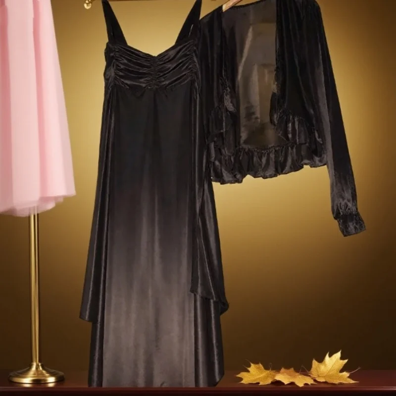 Men Soft Glossy Sexy Women Silky Smooth Black Suspender Long Skirt Ruffled Short Shawl Jacket Top Set Loose Night Dress