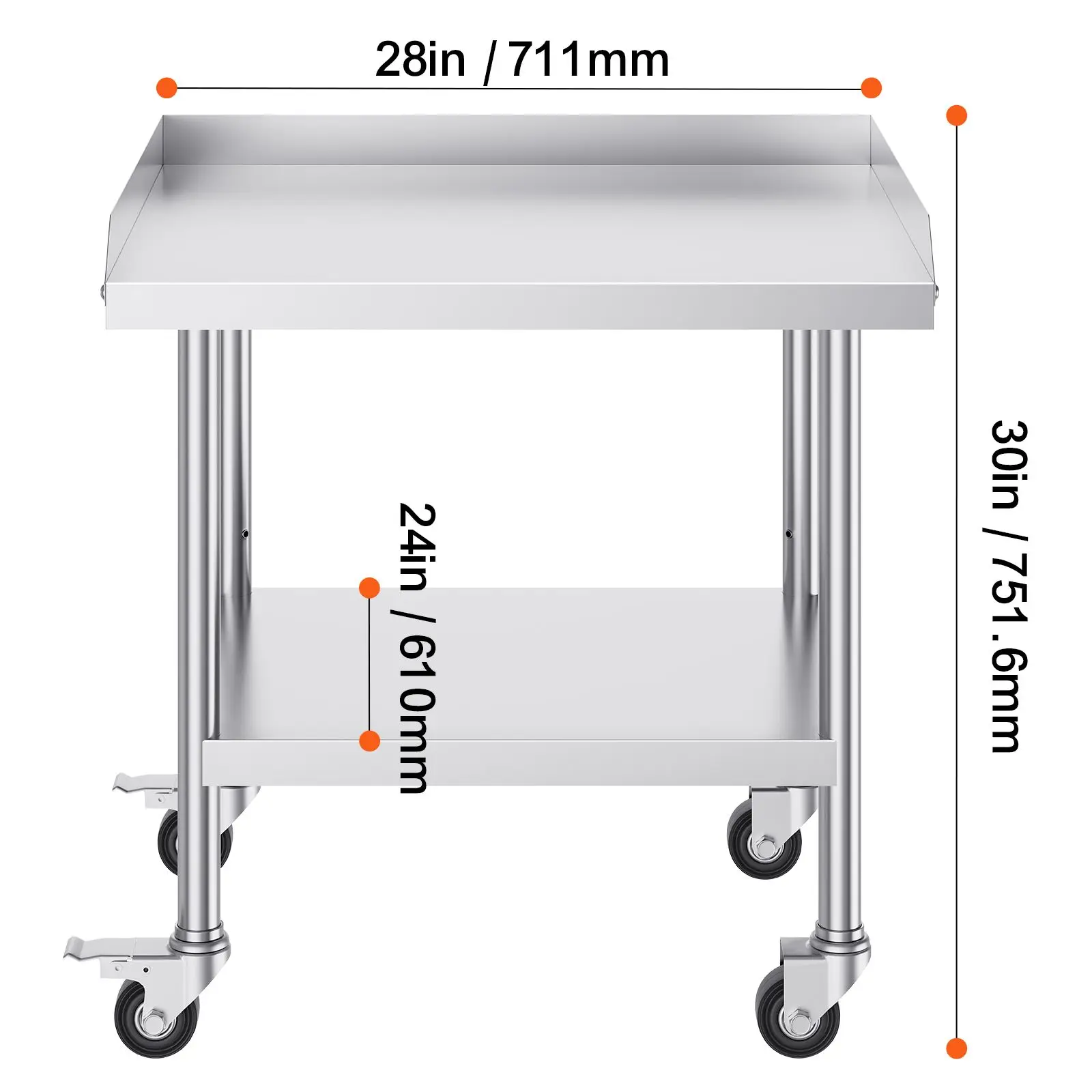 Stainless Steel Work Table, 24 x 28 x 30 Inch Commercial Food Prep Worktable with 4 Wheels, Casters, 3-Sided Backsplash Heavy