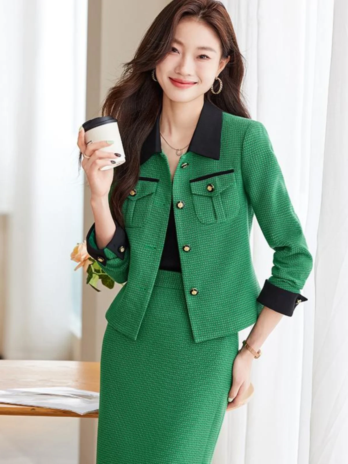 

Faionable Slimming Women's Suit Set High-End Feel Colion Color Long Sve Button up Top Korean Sle Streetwear