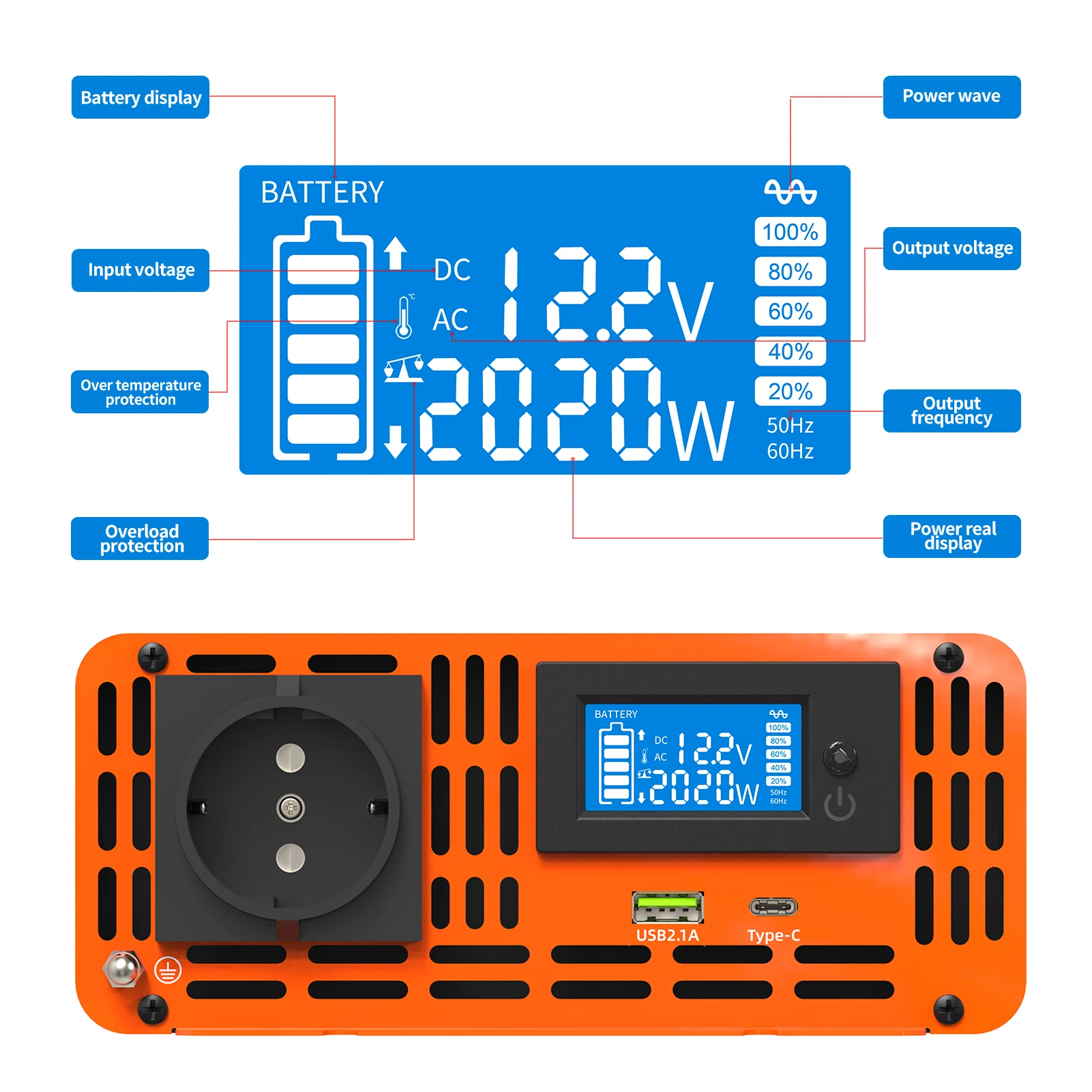 DATOU-inversor de onda sinusoidal pura para coche, dispositivo con pantalla LCD estándar de la UE, 1000W, 1500W, 2000W, CA 12V/24V/60V a 220V CC,