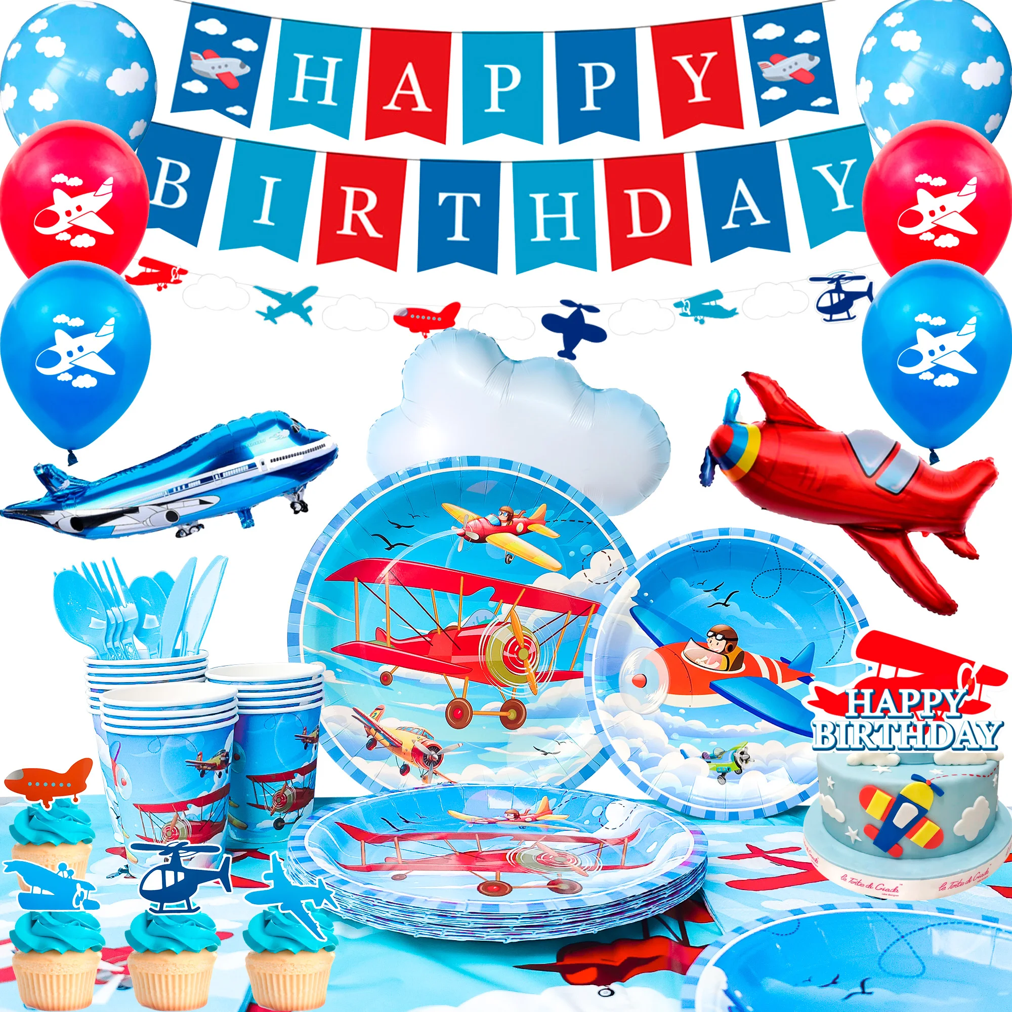 

Airplane Birthday Party Decorations,167pcs decorations&Airplane Party Tableware set-Airplane Plates Napkins Cups TableCloth etc