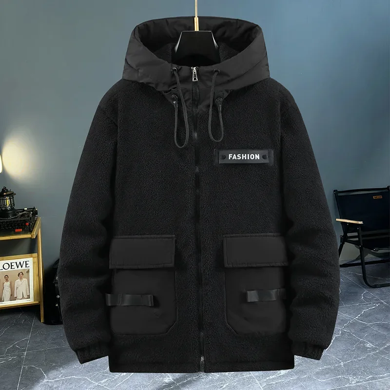 Spliced Lamb Wool Jacket Men's Hooded Male High-end Cotton Clothing Trend Versatile Warm Workwear Jacket Preppy