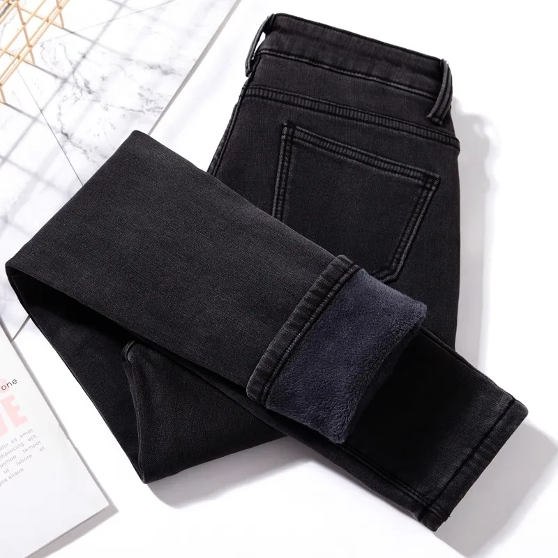 

High Waist Fleece Lined Skinny Jeans Women's Thickened Winter New Style Warm Nine Pointed Tight Pencil Pants Cotton Stretch D...