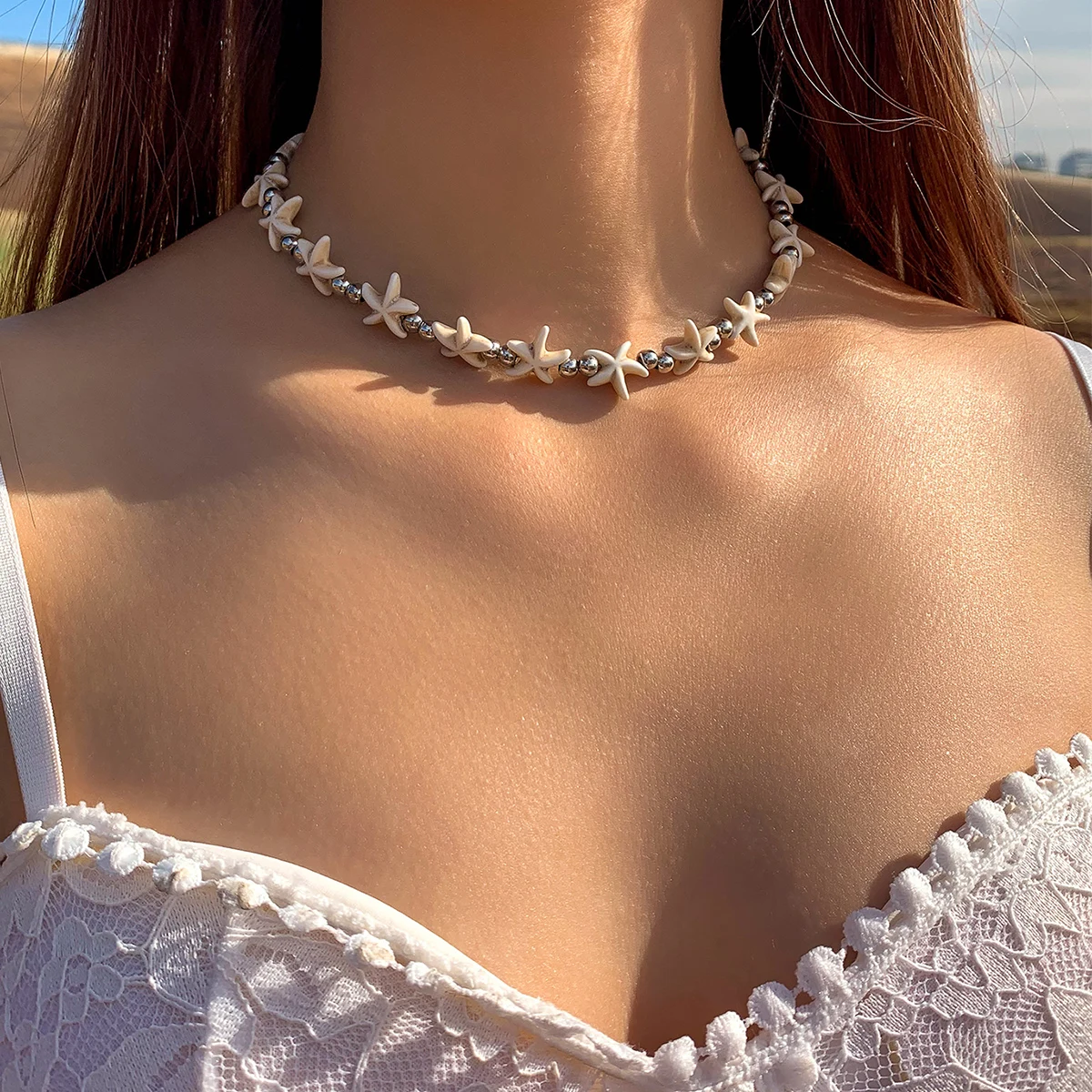 Docona Bohemian Sea Star Short Collar Women's Necklace Fashion Imitation Pearl Chain Summer Beach Jewelry Accessories