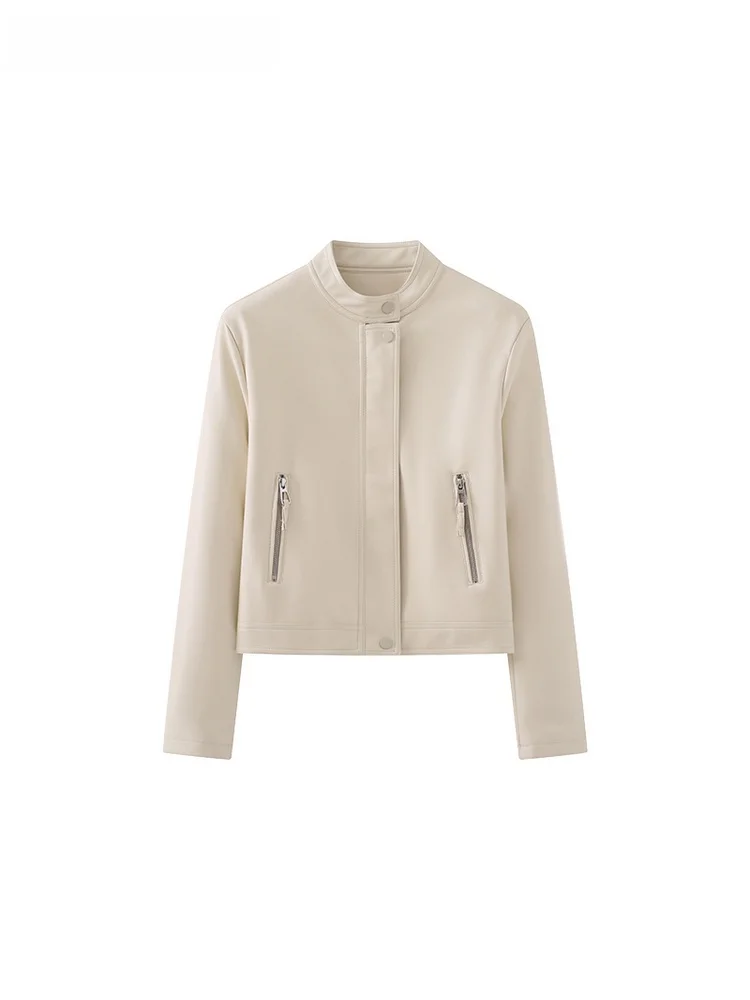 معطف La Chapelle للسيدات بتصميم عتيق لراكبي الدراجات النارية بياقة واقفة من الجلد لون نقي معطف علوي للخريف وصل حديثًا بسحّاب Sve