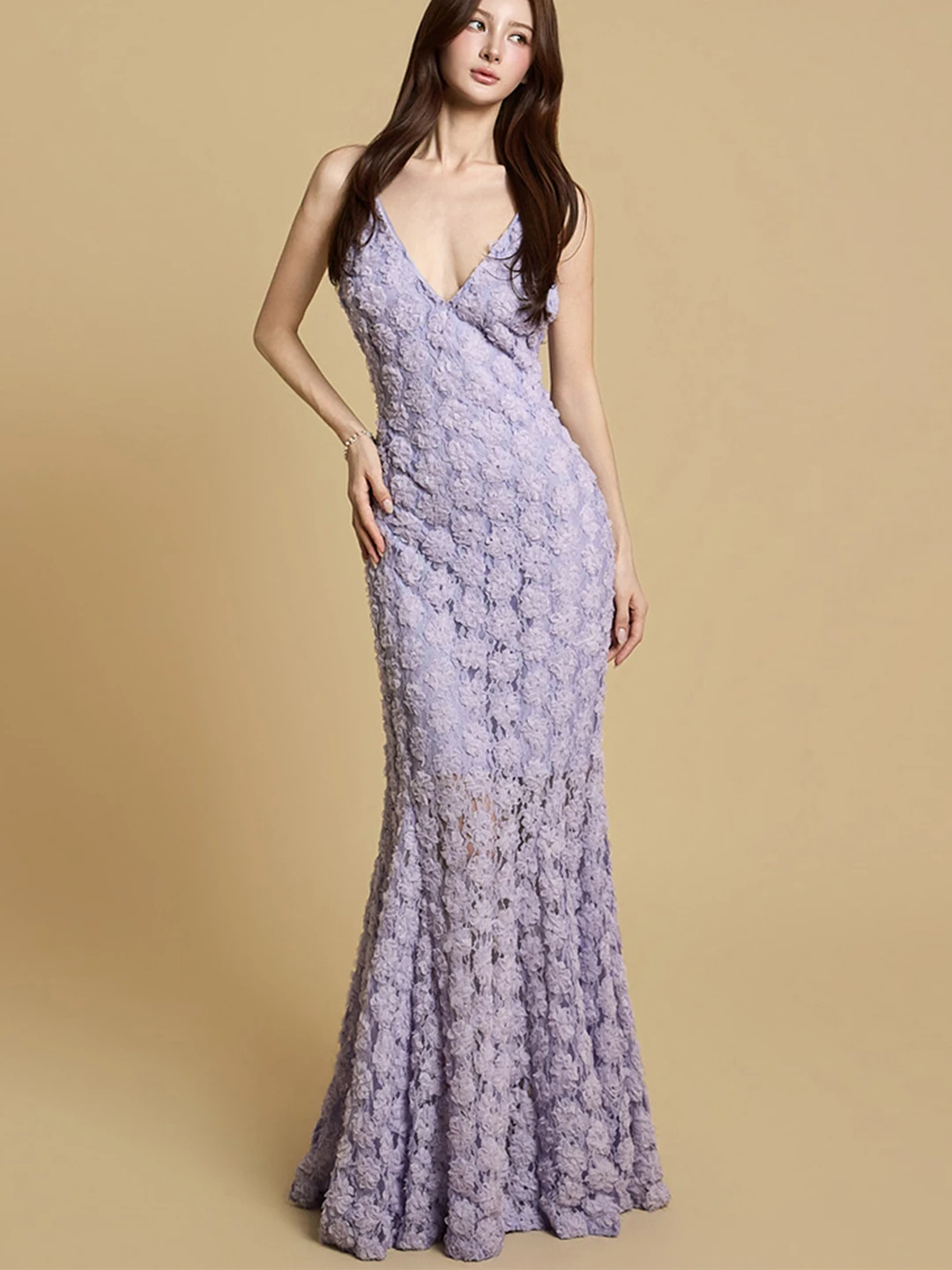 

Spring Summer New Sle Long Svel V-ne Fi Tail Gown with 3D Flower Decoration Ele High Waist Polyurethane Elast...
