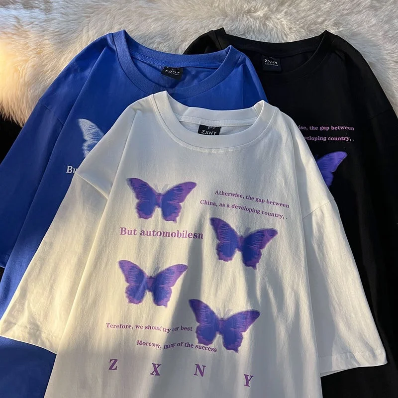 Summer Y2k Aesthetic Purple Butterfly Fashion Letter Graphic T Shirts Oversized Short Sleeve Cotton Tee Harajuku Women Clothing