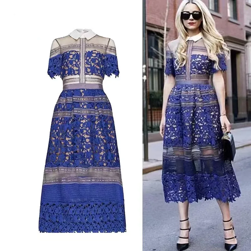 Runway Designer Summer Women Lapel Collar Long Dress 2024 New Elegant Sexy Lace Hollow Out Patchwork Mesh Blue Maxi Party Dress