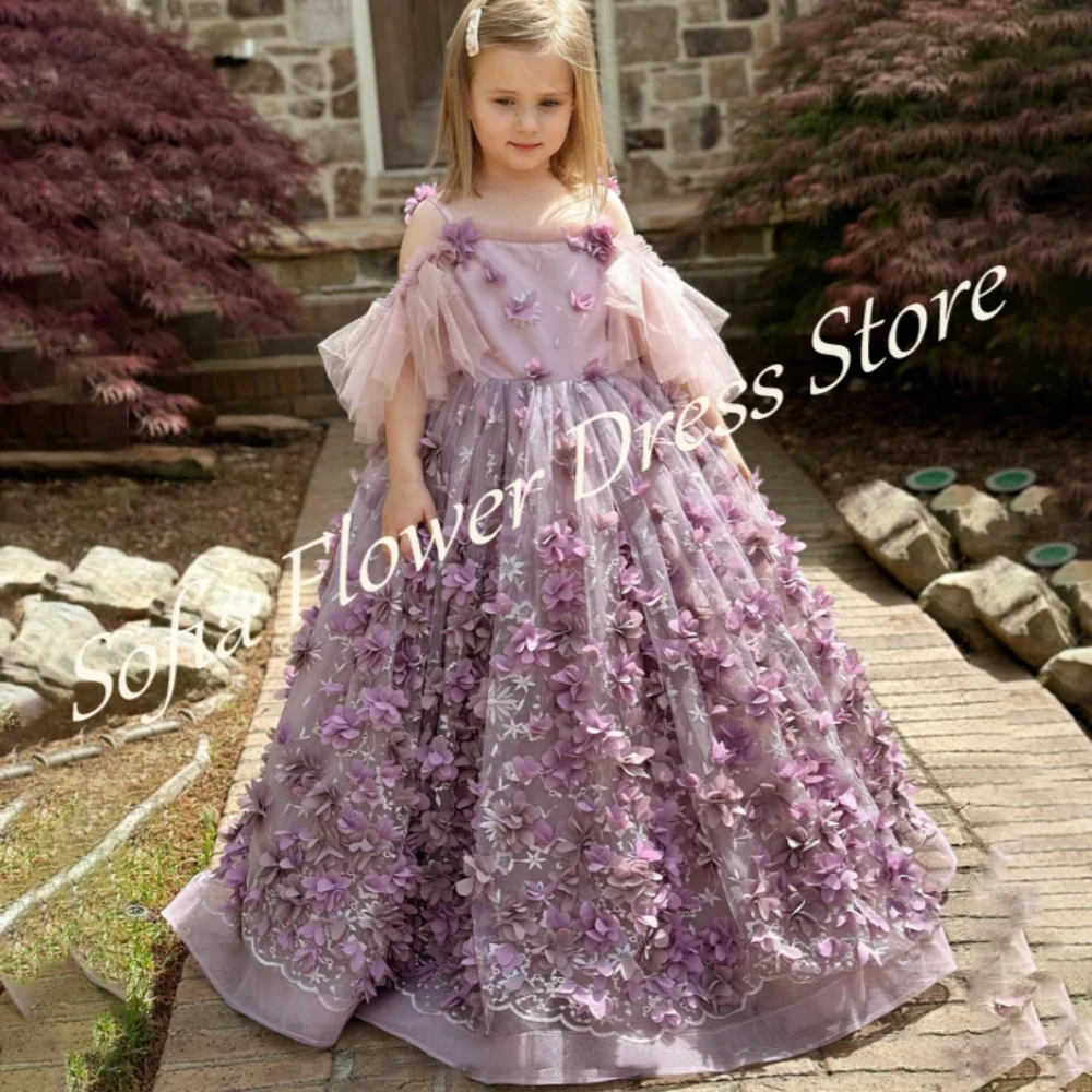

Luxury Purple Flower Girl Dress Lace Appliques A-Line Off Shoulder Lace Up Dress First Communion Birthday Party Gowns Customized