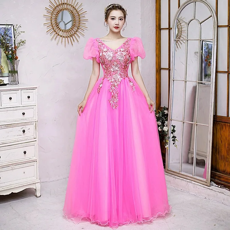 Lantejoulas Apliques Vestidos Quinceanera, Puff mangas curtas, Prom Party Gown, Vestes até o chão, rosa quente, 15