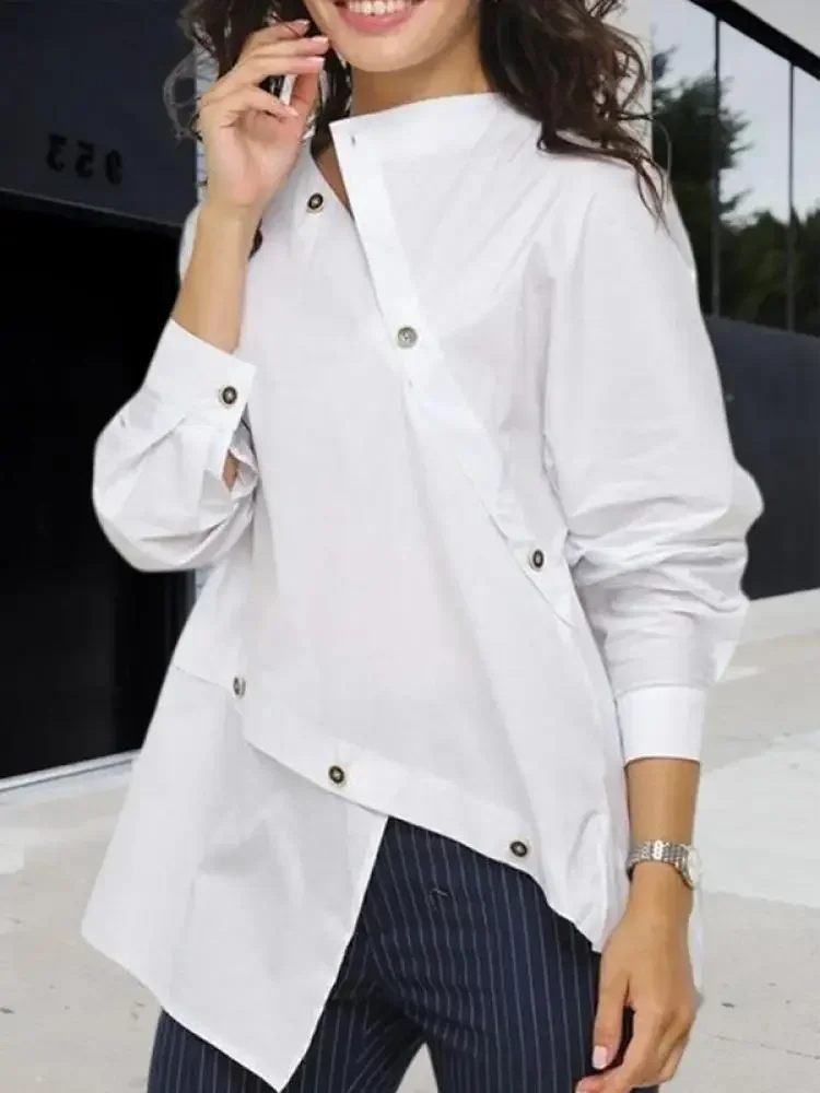 Onecozyday Button Split-joint Asymmetric for Women 2024 Spring Autumn Fashion Long Sleeves T-shirt Solid White Casual Shirt Top