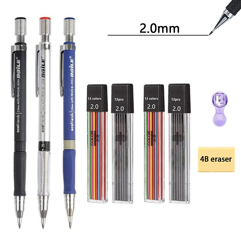 Juego de portaminas de 2,0mm, lápices automáticos 2B con recambios de plomo negro/color para borrador, dibujo, escritura, manualidades, bocetos de arte