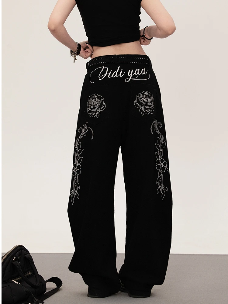 

2025 Autumn Winter Women's Denim Pants Embroidery Dark Academia Abi Y2K Black Jean Japanese Harajuku Designer Jean Punk Men Tide