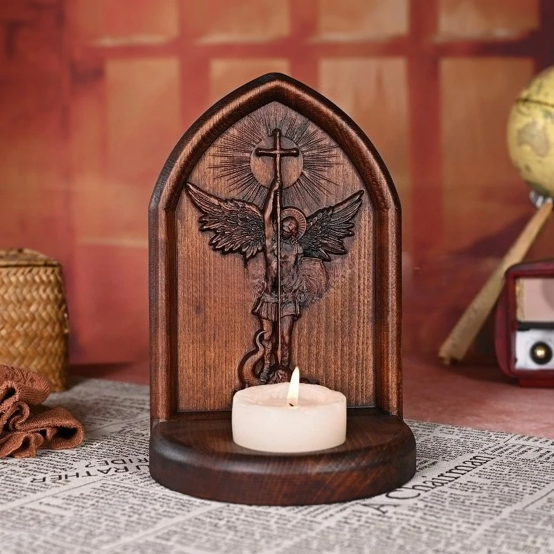High Quality Vintage Wood Carved Craft: Archangel Michael Candle Holder, Home Decor, Table Ornament