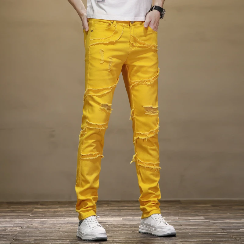 

Yellow Motorcycle Jeans Men2024New Style Frayed Stitching Ripped Personality Casual Stretch Slim Fit Skinny Long Pants