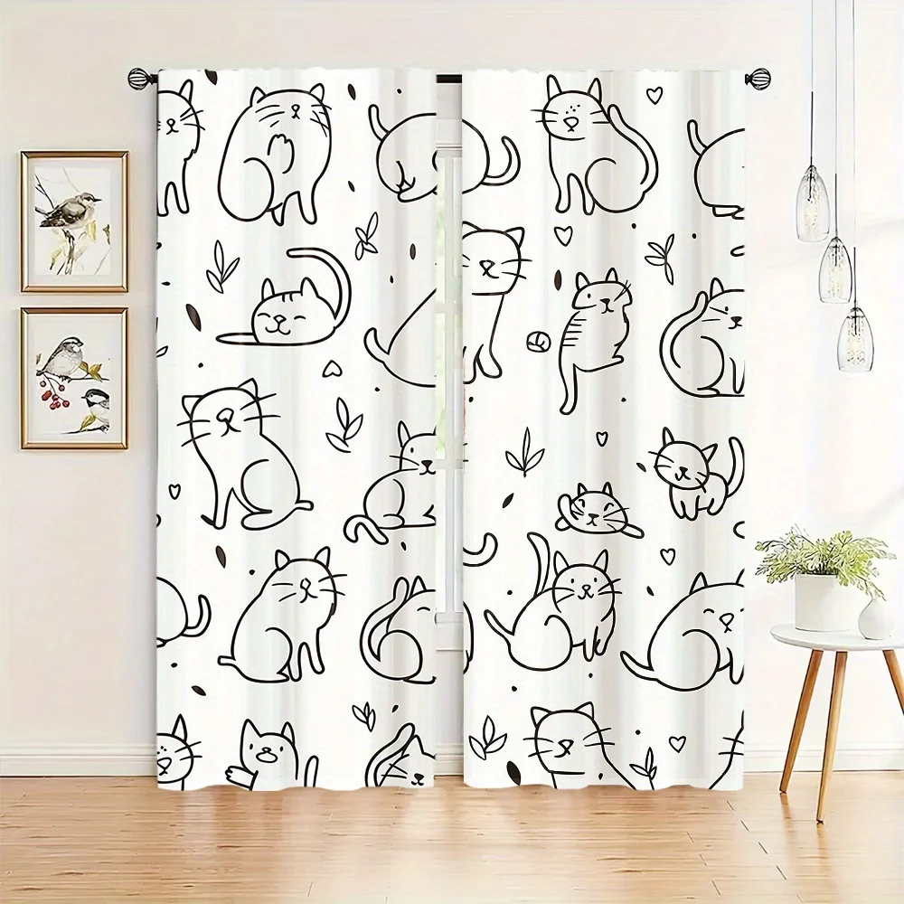 Cute Cat Line Art Print Curtains for Living Room Bedroom Boho Nursery Window Drapes