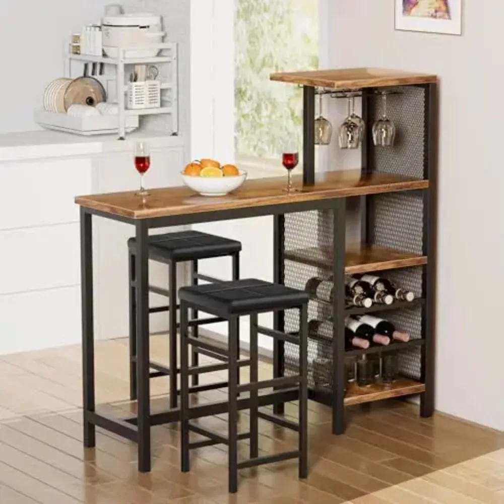 Bar Table and Chairs Set for 2, 3-Piece Dining Set with Storage Shelves, Cup Holder & Wine Rack, PU Leather Cushion