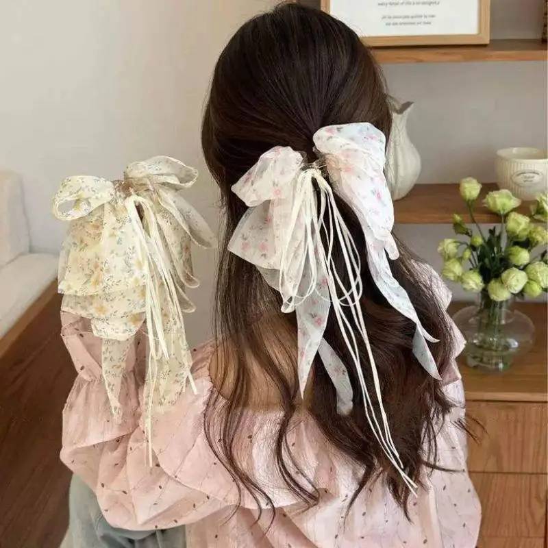 Floral Chiffon Bow Hair Claw Secure Grip Long Streamer Ribbons For Daily Parties Wedding Girls Hair Accessories