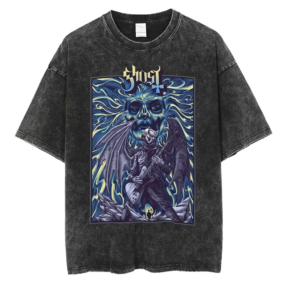 شبح الفرقة الجرافيك التي شيرت غسلها خمر الهيكل العظمي روك المتضخم طباعة تي شيرت الرجال النساء 90s الكلاسيكية القوطية الشرير المعادن تي شيرت