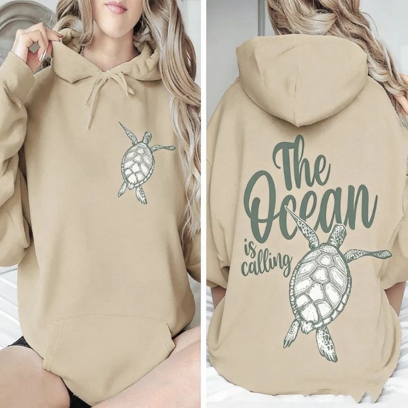Sudadera The Ocean is Calling con estampado minimalista de tortugas para amantes de las tortugas, Sudadera térmica con capucha de tortugas marinas para mujer, regalos ecológicos