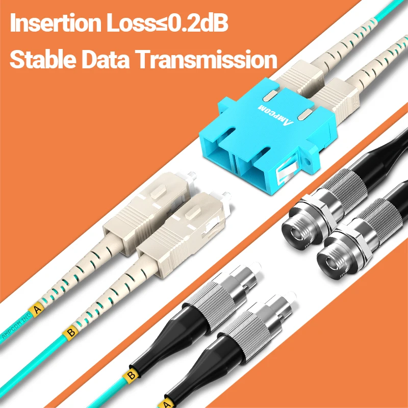 AMPCOM-OM3 SC to FC UPC 광섬유 패치 케이블, 다중 모드 이중 척도 50/125μm 10Gbps 구부러지지 않는 2.0mm 광섬유 코드