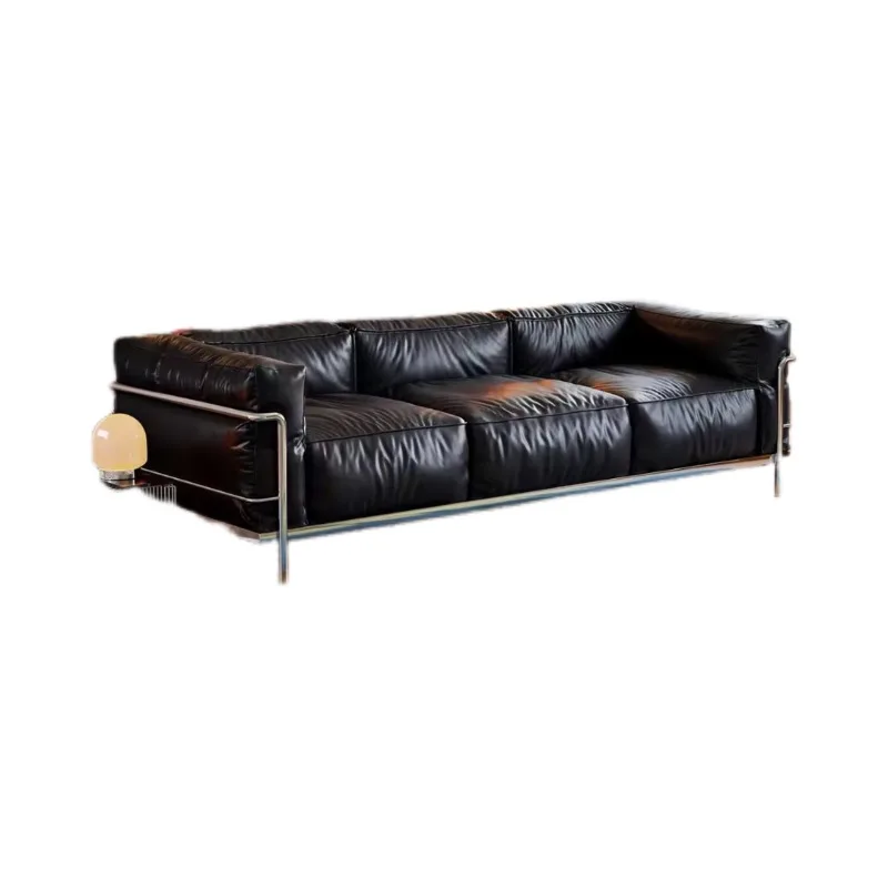 Französisches Sofa im Retro-Stil von Corbusier aus schwarzem Rindsleder der ersten Schicht, geradliniges antikes Taschensofa für das Wohnzimmer