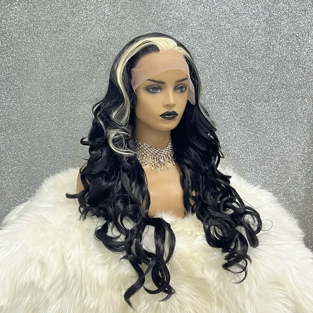 Perruque Lace Front Wig synthétique sans colle pour femme, Drag Queen pré-plumée, Highlight Black Colored Cosplay, At Wave, 13x3.5