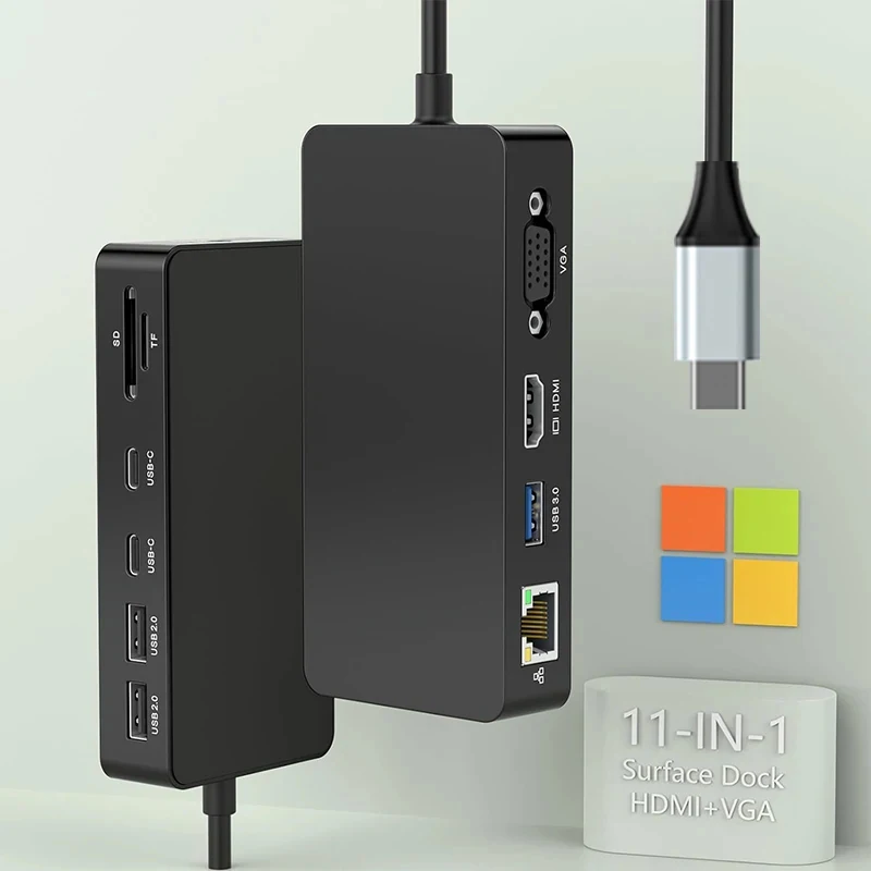 11-in-1 USB-C Docking Station 4K HDMI VGA SD TF 100W PD USB Hub for Surface Windows