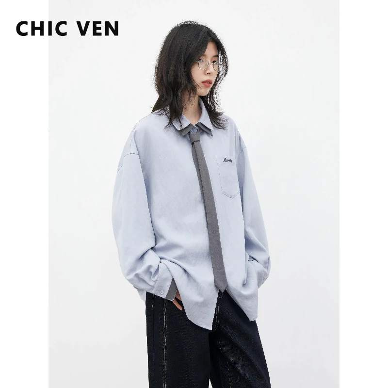 

CHIC VEN New Women Shirts Blue Loose Casual Long Sleeved Blouse with Detachable Tie Office Lady Clothes Spring Summer 2026
