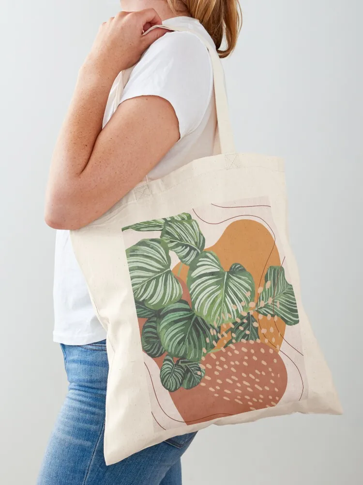 

Mid century modern calathea orbifolia plant illustration 2 Tote Bag handbag shopping bag supermarket folding bag