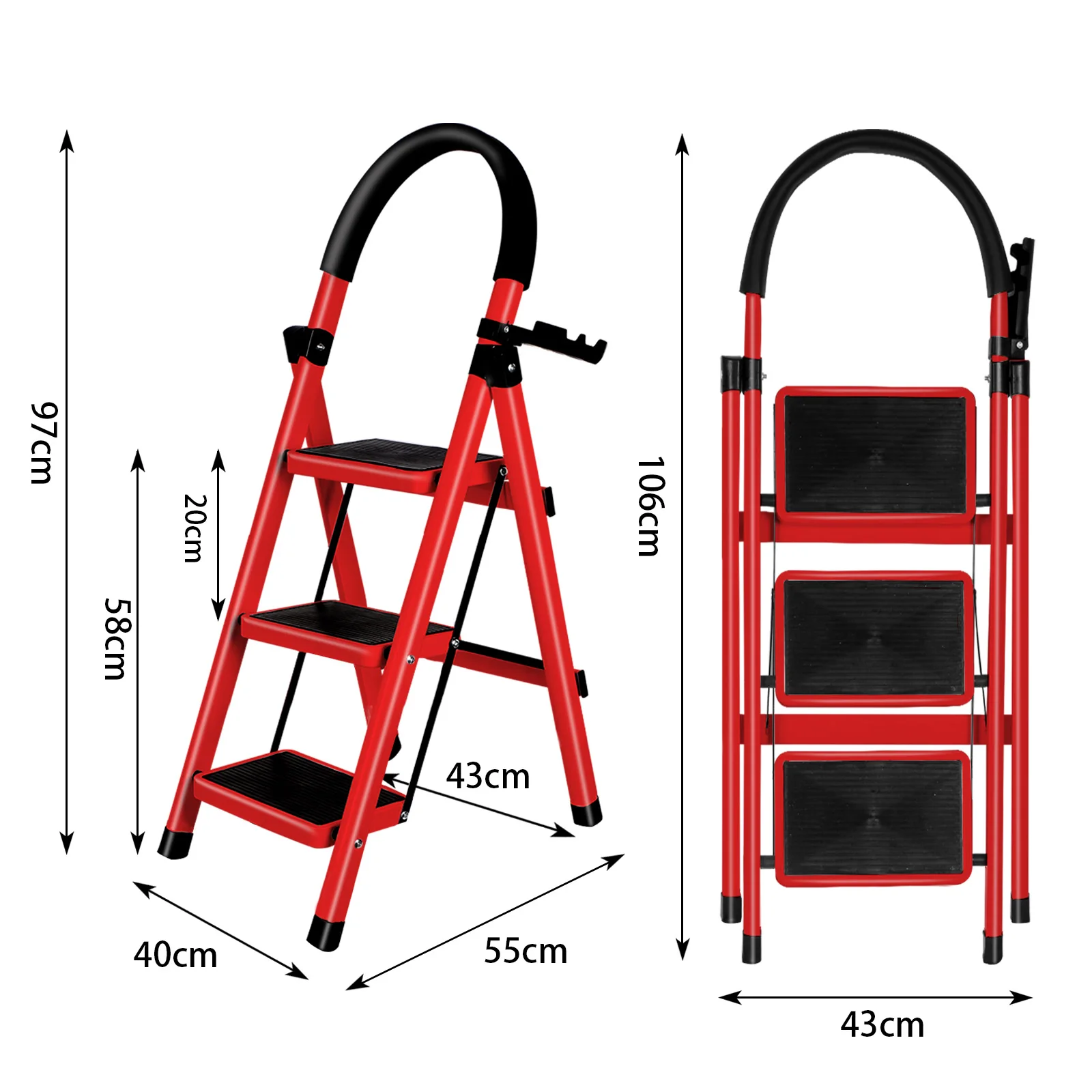 3 Step Folding Step Ladder - Load Capacity 150kg - Foldable Ladder - Wide Anti-Slip Folding Step Stool - Steel Step Stool for Adults - 40*55*97cm image 3