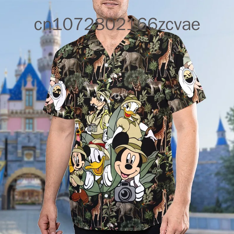 

2024 New Mickey and Friends Safari Animal Hawaii Shirt Disney Mickey Hawaiian Shirt Retro Casual Button Short Sleeve Shirt