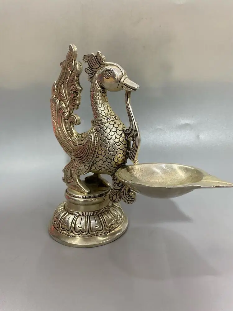 bronze silver plating sculpture auspicious ancient birds Zhu Que oil lamp statue