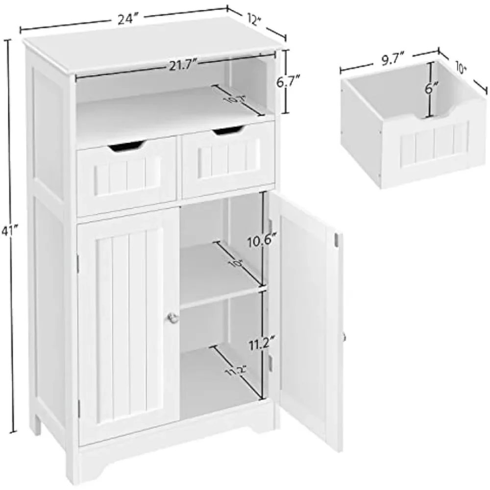 Armario de almacenamiento de baño con 2 cajones y estante ajustable, 2 puertas, armario de piso de baño, armario de madera para sala de estar