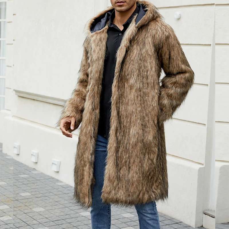 Men s Faux Fur Coat Jacket Winter Warm Long Sleeve Fuzzy Hood Overcoat Thicken Soft Outerwear