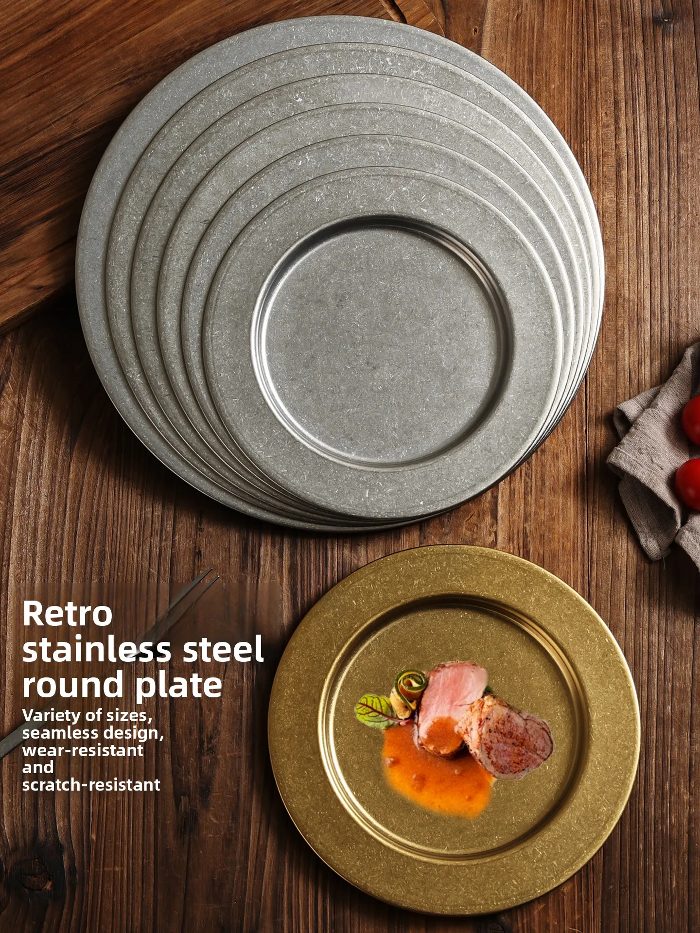 

Retro Gold Stainl Steel round Plate Barbecue Dinner Pizza Plate Western Dining Light Plate Buffet Flat Plate Tray