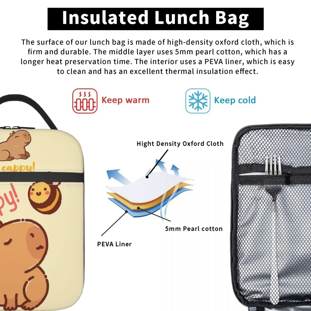 Bee And Capybara Thermal Insulated Lunch Bags for Travel Bee Cappy Reusable Food Container Bags Cooler Thermal Lunch Boxes