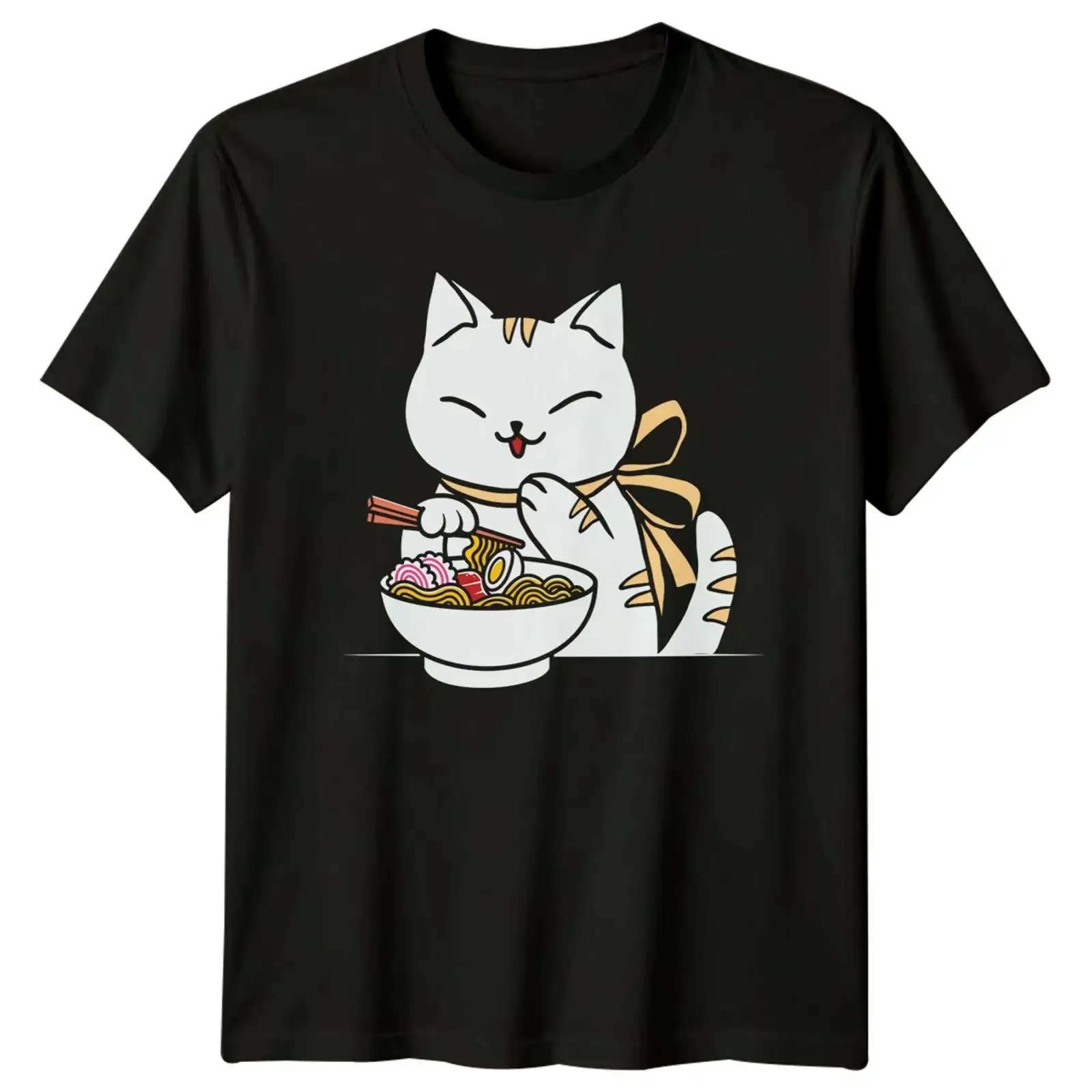 Anime Katze isst Ramen Nudeln Grafik-T-Shirt, Vintage-Washed-Designerkleidung, leicht atmungsaktive Streetwear, Unisex-Grafik