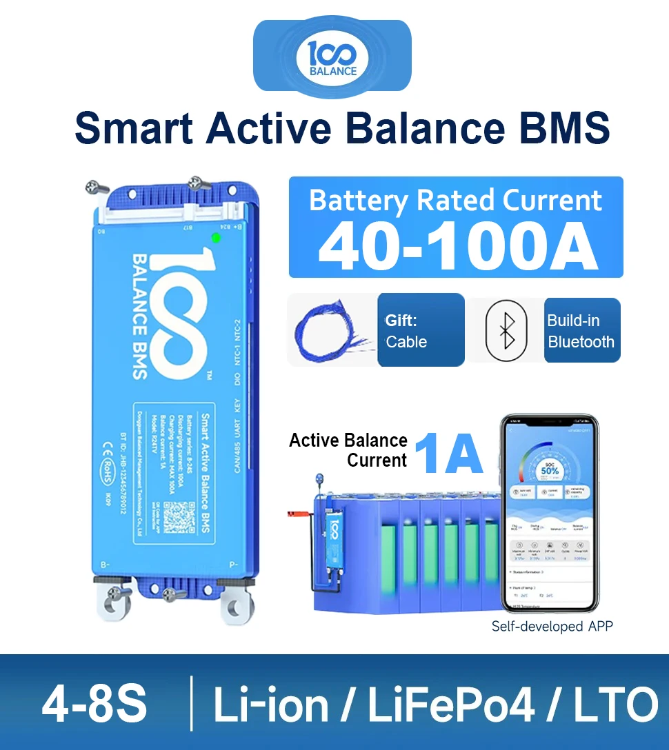 

100Balance Active Balance Smart BMS BT 4S-8S Adaptive 40A 60A 80A 100A 12V 24V LiFePo4 Li-ion Lithium Battery Protection Board