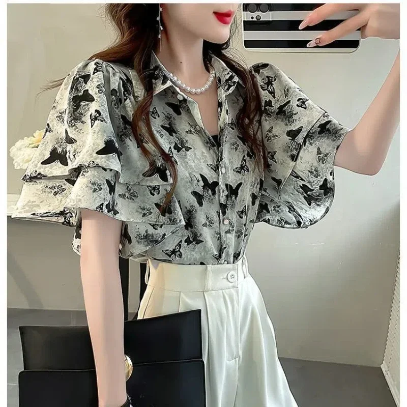Vintage Summer Women's Shirts 2025 New Patchwork Polo Collar Button Print Ruffles Fashion Loose Short Sleeved Blouse Women Trend